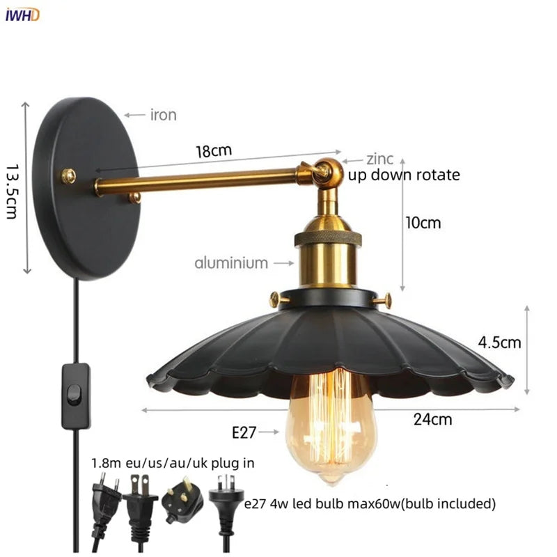 Gold Industrial Wall Lamp For Lofts And Bedrooms