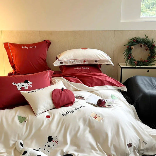 DecorBites™ King Bear Embroidered Cotton Bedding Set - Luxury Duvet Cover with Bed Sheet