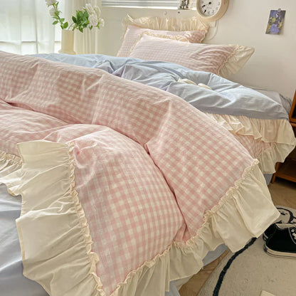 DecorBites™ Korean Princess Style Cotton Bedding Set with Ruffles and Lace