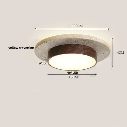 DecorBites™ Japan Style LED Ceiling Light Yellow Travertine Stone Wood Base Bedroom Luminaire