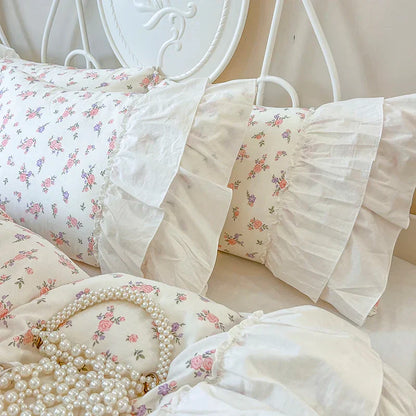 DecorBites™ Cotton Floral Print Bedding Set with Pleat Lace Ruffles, 4-Piece Ensemble