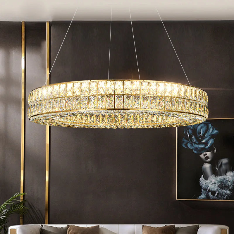 Gold Crystal Ring Chandelier Long L110cm