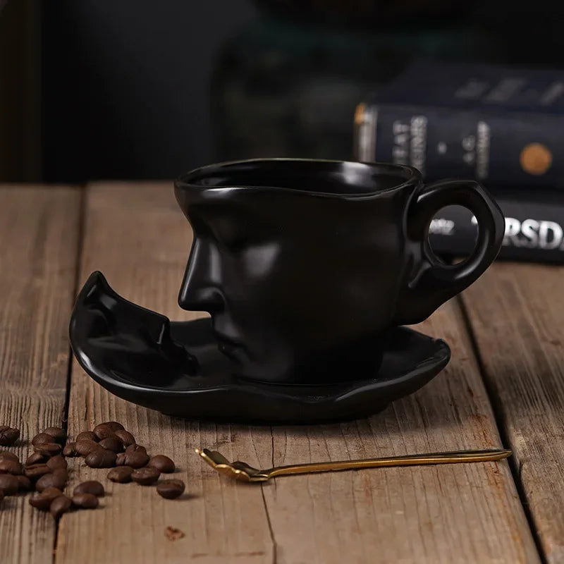 DecorBites™ Frosted Ceramic Face Mug Set: Cup, Saucer, Spoon for Coffee, Tea, Milk