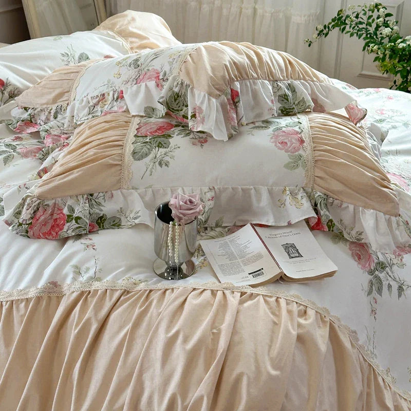 DecorBites™ Korean Princess Style Floral Cotton Bedding Set with Ruffles