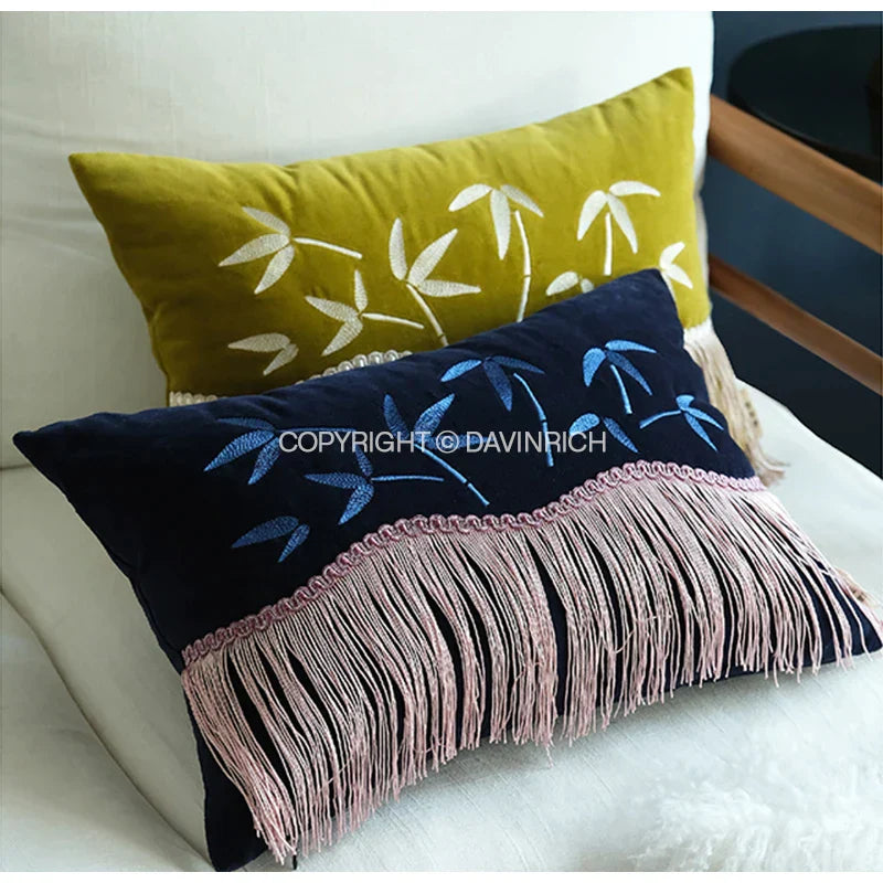 DecorBites™ Bamboo Embroidered Fringed Velvet Lumbar Pillow Cover 30x50cm Luxurious Artistic Oriental Style