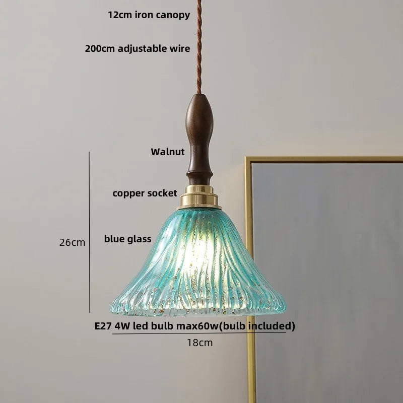 DecorBites™ LED Wood Walnut & Green Glass Pendant Light - Nordic Modern Style