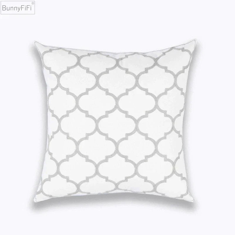 DecorBites™ Geometric Embroidered Cushion Cover Light Grey Cotton 45x45cm