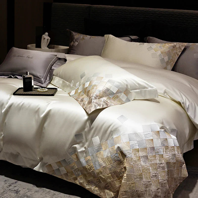 DecorBites™ 4-Piece Luxury Embroidery Bedding Set in Pearl White/Grey Satin Brocade Cotton