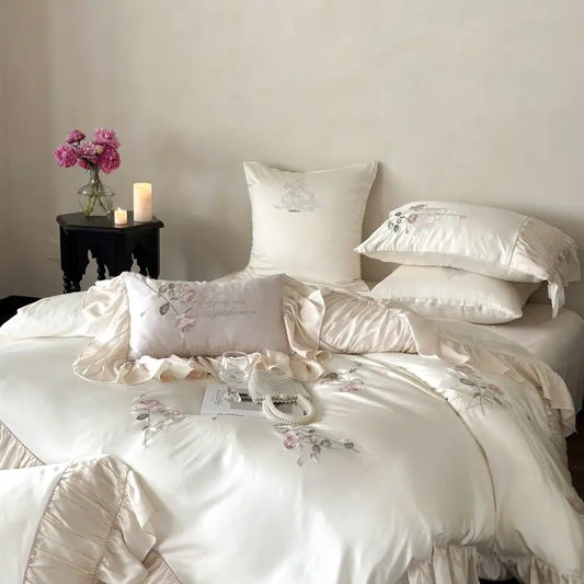 DecorBites™ Embroidered Lace Princess Bedding Set - 4 Piece Cotton Flowers Collection