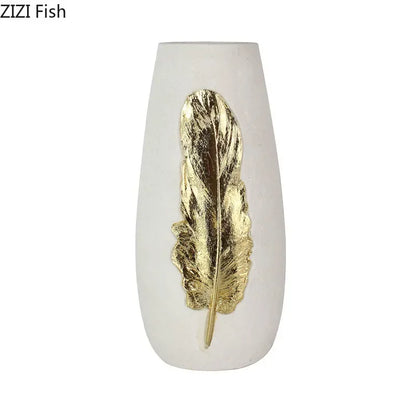 DecorBites™ Gold Feather Vase & Artificial Flowers Set - Modern Home Decor