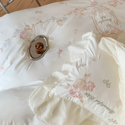 DecorBites™ 4Pcs Flowers Embroidery Princess Queen Bedding Set with Lace Ruffles