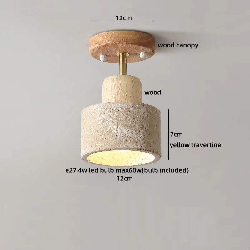 Wood Glass Pendant Light Yellow Travertine Accent