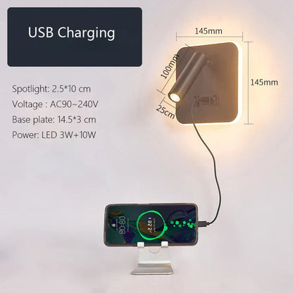DecorBites™ LED Wall Lamp USB Charging Bedroom Hotel Bedside Reading Sconce Switch