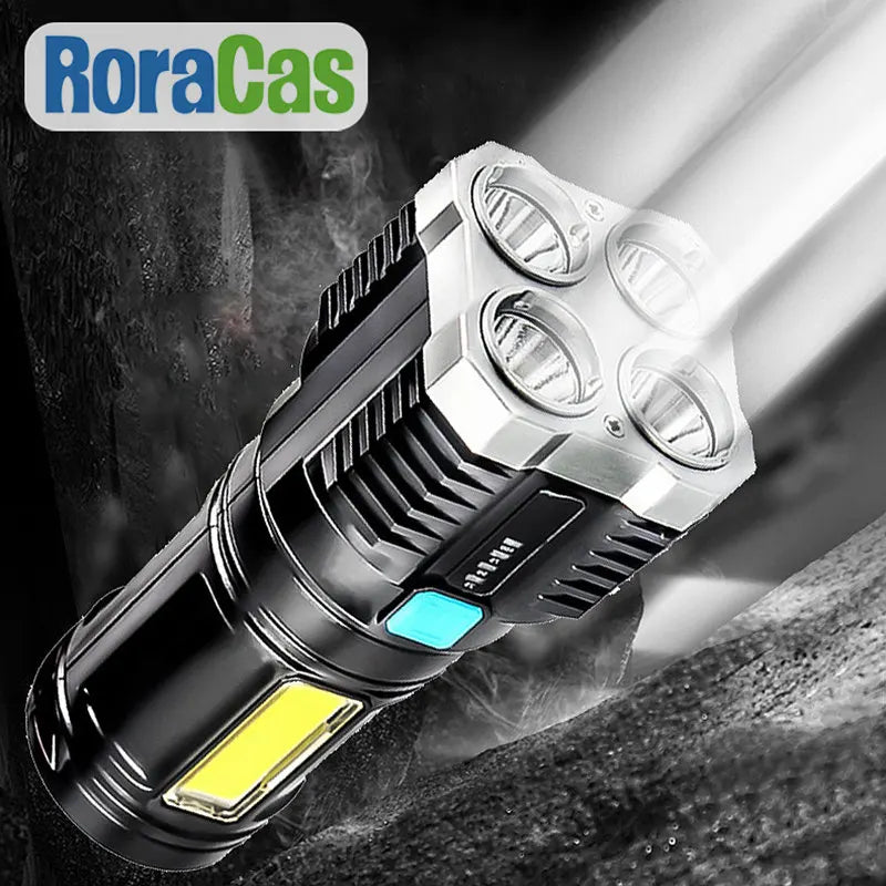 DecorBites™ LED Flashlight: High-light with 4 Lamp Beads, COB Floodlight, USB Rechargeable Outdoor Torch
