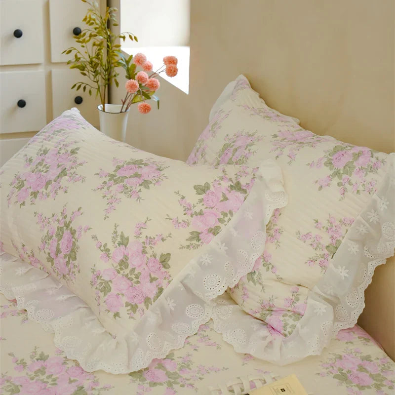 DecorBites™ Cotton Floral Ruffles Quilted Bedspread Set with Pillowcases