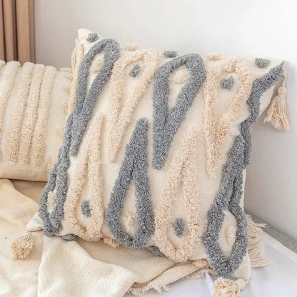 DecorBites™ Geometric Tufted Tassel Pillow Cover - Handcrafted Boho Chic Cushion Cover