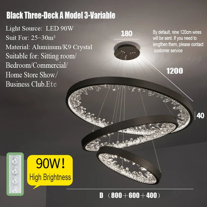 DecorBites™ Crystal Led Chandelier: Modern Luxury K9 Ring Dimmable Circle Hanging Lamp - Bedroom Living Dining Room Lighting