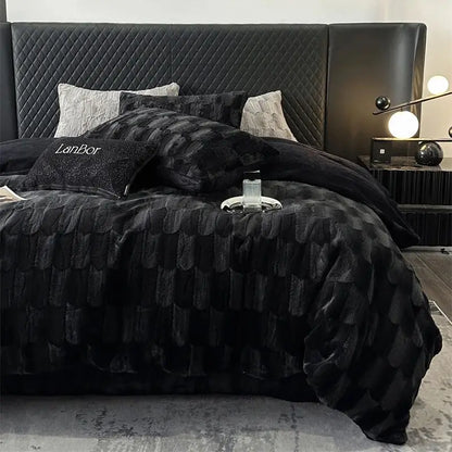 DecorBites™ Cozy Faux Rabbit Fur Bedding Set in Black & Grey: Duvet, Sheets, Pillowcases