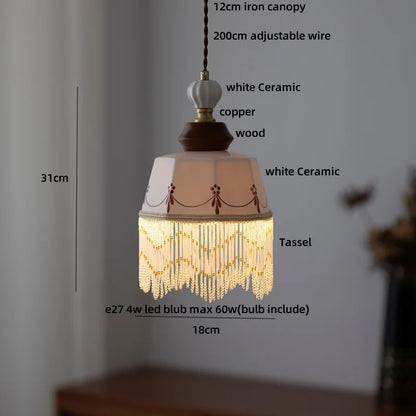 DecorBites™ Copper Wood LED Pendant Light: Ceramic Modern Tassel Hanging Lamp