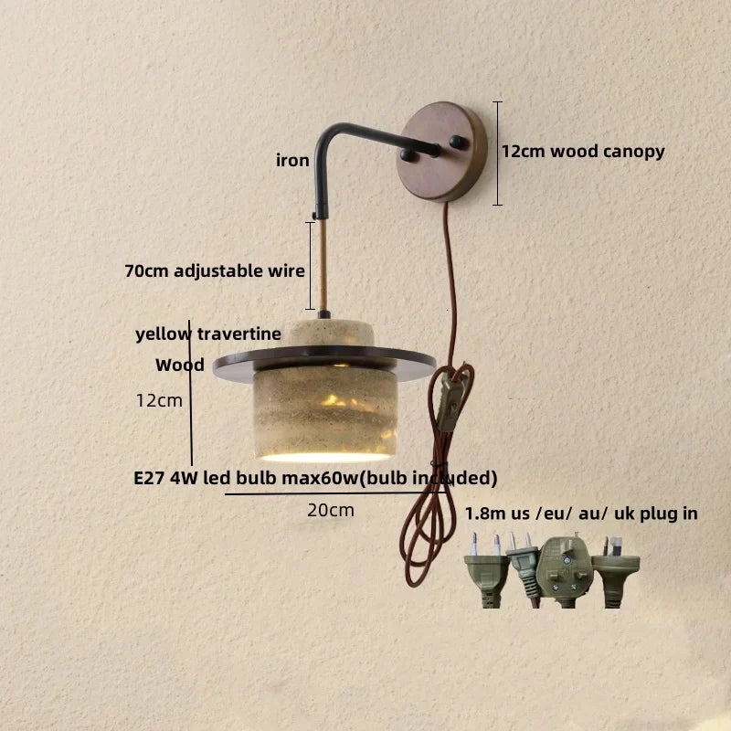 DecorBites™ Copper Wood LED Wall Sconce Yellow Travertine Stone Bedside Light