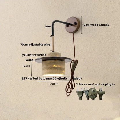 DecorBites™ Copper Wood LED Wall Sconce Yellow Travertine Stone Bedside Light