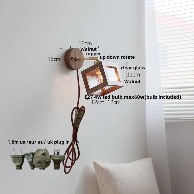DecorBites™ LED Walnut Wood Wall Light Fixture Clear Glass Sconce Bedside Lamp