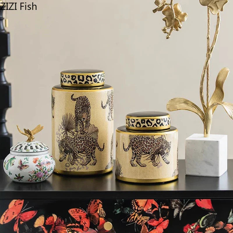 DecorBites™ Leopard Pattern Tank Ceramic Storage Jar with Lid for Jewelry and Cosmetics