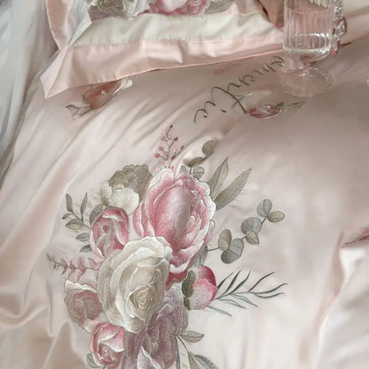 DecorBites™ 4-Pc Flowers Embroidery Bedding Set 1000TC Egyptian Cotton Duvet Cover Sheets
