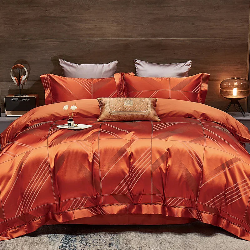 DecorBites™ Gold Leaves Jacquard Cotton Bedding Set with Smooth Egyptian Cotton Duvet Cover