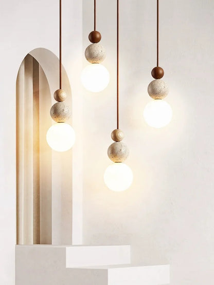 DecorBites™ Cream Style LED Pendant Lamp for Bedroom and Bar - Designer Stone Wood Chandelier