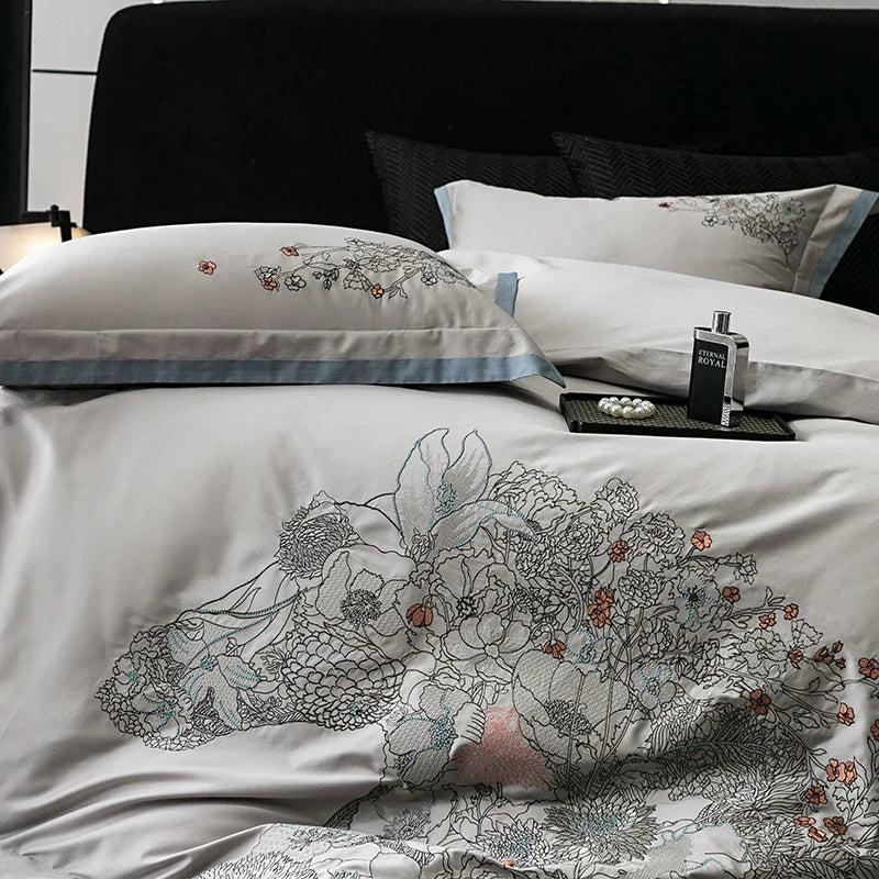 DecorBites™ Cotton Flowers Horse Embroidery Luxury Bedding Set - Duvet Cover, Bed Sheet, Pillowcases