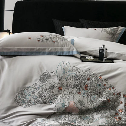 DecorBites™ Cotton Flowers Horse Embroidery Luxury Bedding Set - Duvet Cover, Bed Sheet, Pillowcases