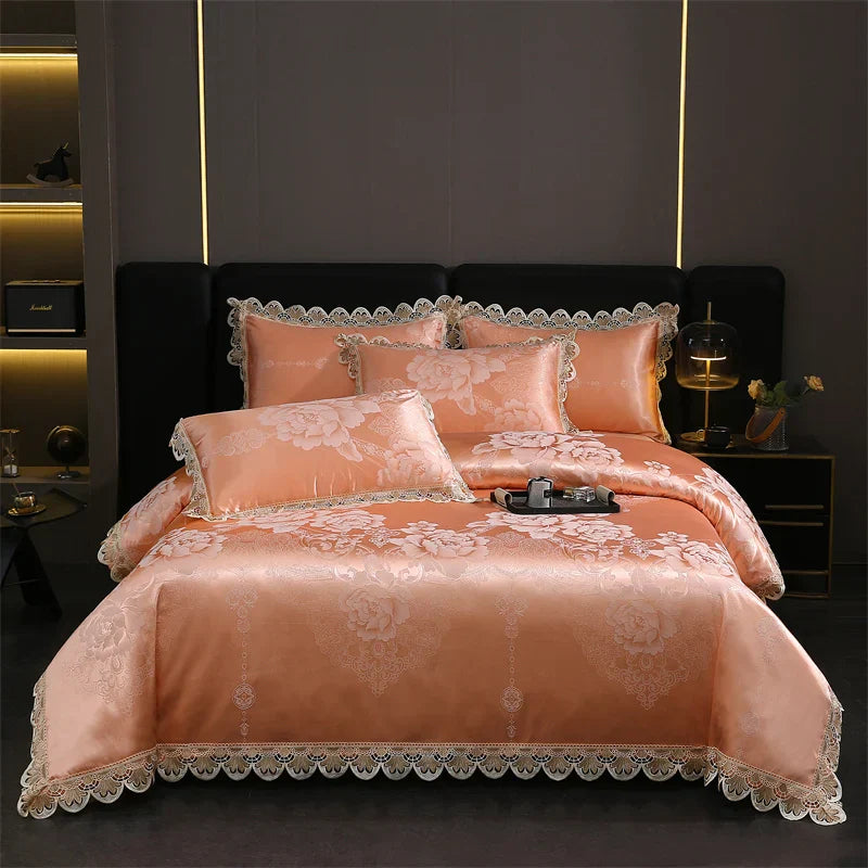 DecorBites™ Golden Jacquard Cotton Lace Bedding Set - Silky Soft Duvet Cover, Flat Sheet, Pillowcase