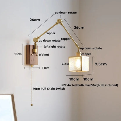 DecorBites™ Cube Glass LED Wall Sconce Walnut Wood 2 Arms Rotatable Mirror Light