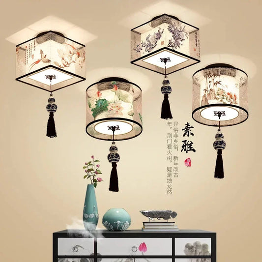 DecorBites™ Lotus Chinese Chandelier Ceiling Lamp Simple Corridor Painting LED Lighting