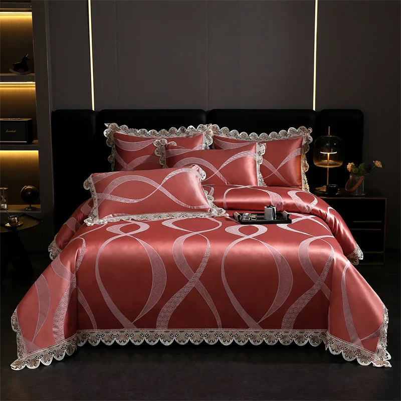 DecorBites™ Golden Jacquard Cotton Lace Bedding Set - Silky Soft Duvet Cover, Flat Sheet, Pillowcase