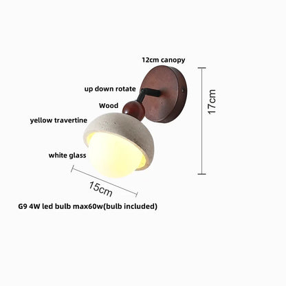 DecorBites™ LED Wall Sconce Yellow Travertine Stone Bedroom Study Cafe Wood Base Stair Light