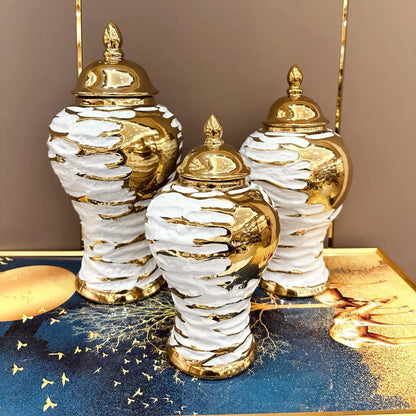 DecorBites™ Gold & White Grain Ceramic Jar: Home Decor & Storage Accessory
