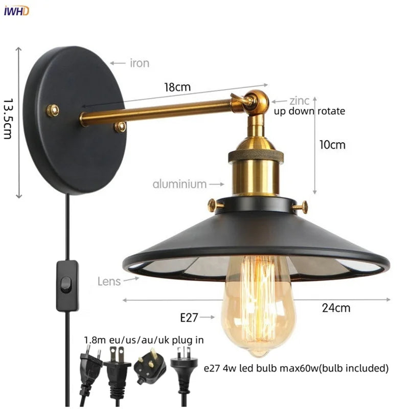 Gold Industrial Wall Lamp For Lofts And Bedrooms