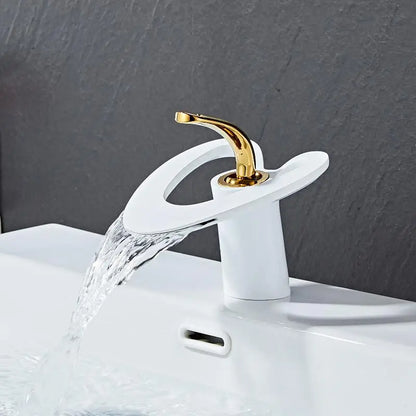 DecorBites™ Golden/White Basin Faucet: Black Brass Waterfall Sink Mixer Tap, Hot & Cold.