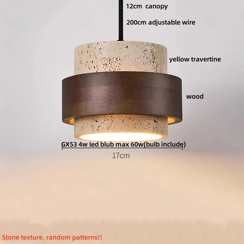 DecorBites™ LED Wood Canopy Pendant Lights Yellow Travertine Stone Hanging Lamp