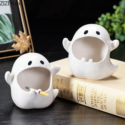 DecorBites™ Ghost Genie Halloween Dolls Porcelain Ashtray Cigar Ceramic Desk Decorations