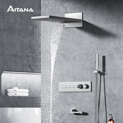 Luxury  black brass shower system wall-mounted LED digital display design Cold & hot dual-control 4-function ceiling shower Tap