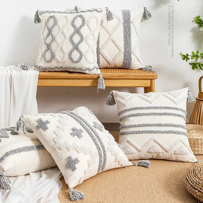 DecorBites™ Geometric Tufted Tassel Cushion Cover White Grey Bohemian Decor Pillow Cover
