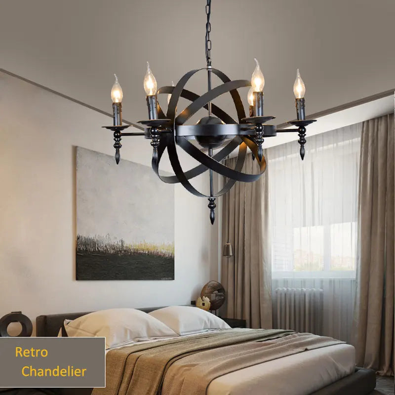 DecorBites™ Iron Chandelier: Retro Industrial Globe Lighting for Living Room, Kitchen, Dining Room