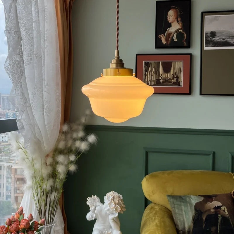 DecorBites™ Cream Glass LED Pendant Brass Hanging Lamp for Kitchen Restaurant Living Room