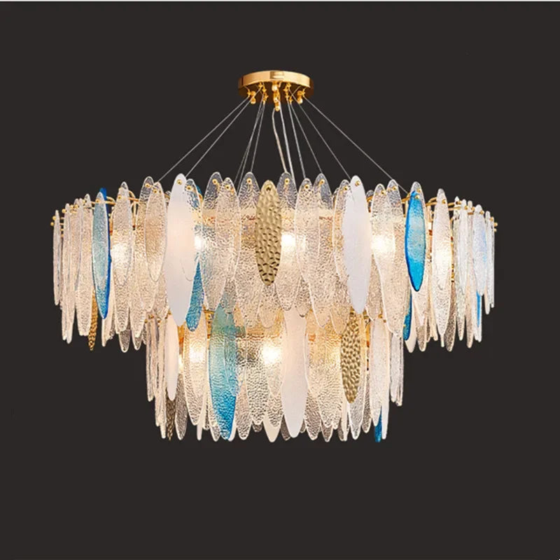Gold Glass Pendant Chandelier 2-Tier 100cm