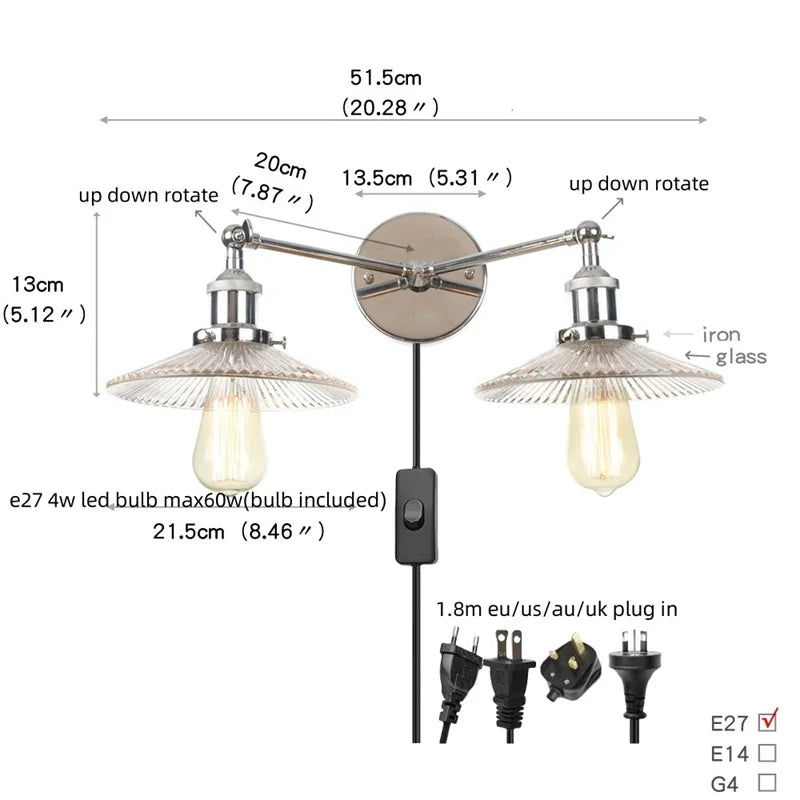 DecorBites™ Industrial LED Wall Light Fixture with Glass Pull Chain Switch - 2 Heads