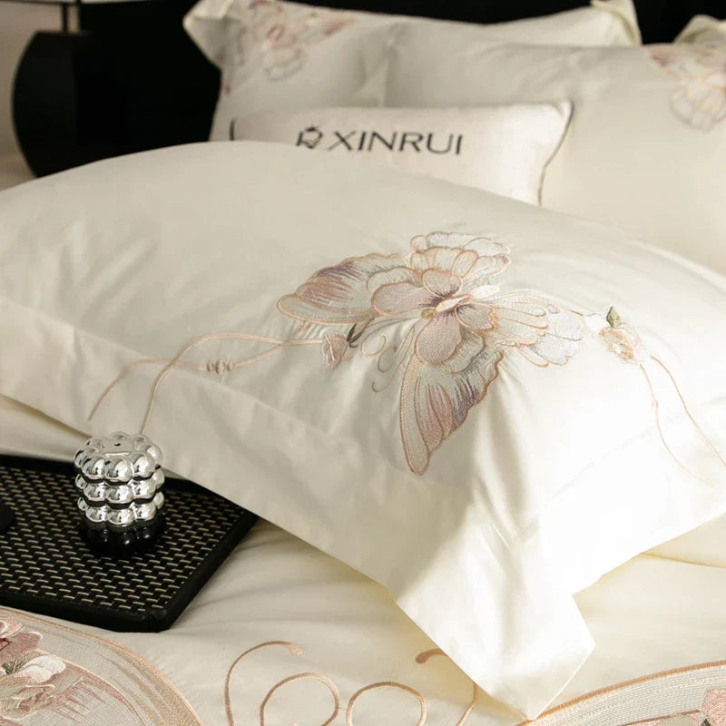 DecorBites™ Luxe Butterfly Flowers Embroidery Bedding Set 800TC Egyptian Cotton Duvet Covers Sheets Pillowcases