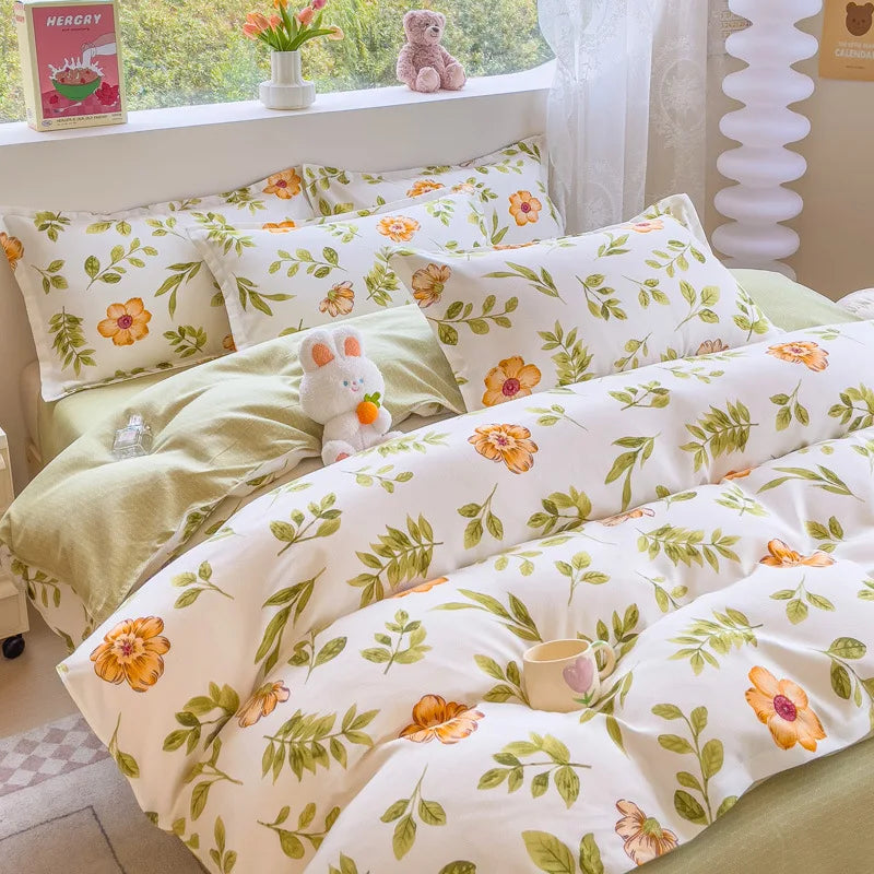 DecorBites™ Cozy Flower Print Bedding Set: Brushed Cotton, Skin-Friendly, Soft, Thick, 4Pcs